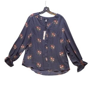 Tahari Blouse Womens Large Gray Floral‎ Polka Dot Bloomcore Cottagecore NWT